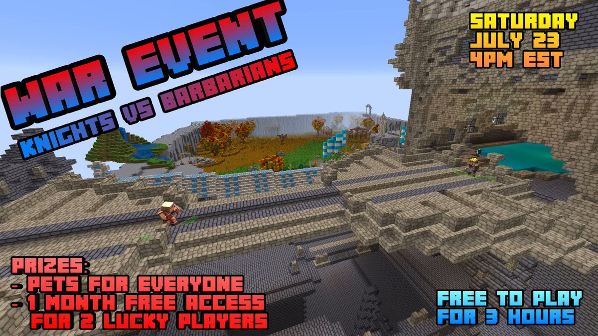 Chrono_Craft's tweet photo. 2 Things never change: Taxes and War.
We dont like Taxes so instead we are hosting a WAR event this saturday! 

Come join the fun, its FREE to play for 3 hours and there's prizes!
#prizes #pvp #minecraft #epic #war https://t.co/oVFMBBwXtv