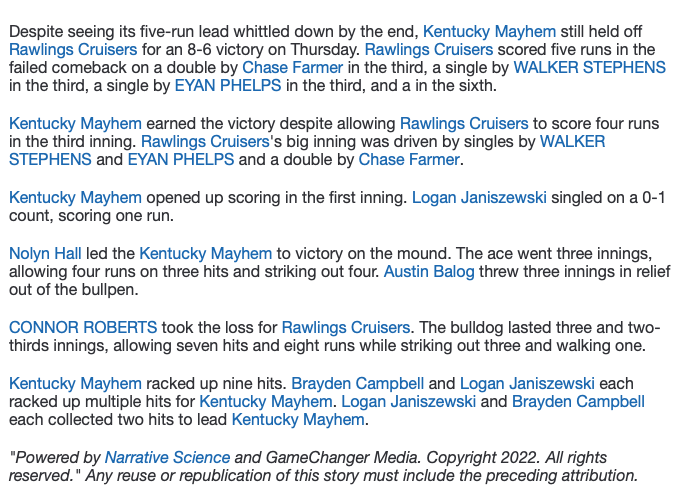 PrimetimeKYHQ's tweet photo. #14uBluegrassBattle KY Mayhem take down Rawlings Cruisers 8-6.  Mayhem's Logan Janiszewski 2-3 RS 2RBI and Brayden Campbell 2-2 RS 2B BB.  Cruisers' Chase Farmer 1-3 RS 2B RBI.  Walker Stephens in relief 1.1IP 2H 0R 1K 1BB. https://t.co/jVDyPUWrn0