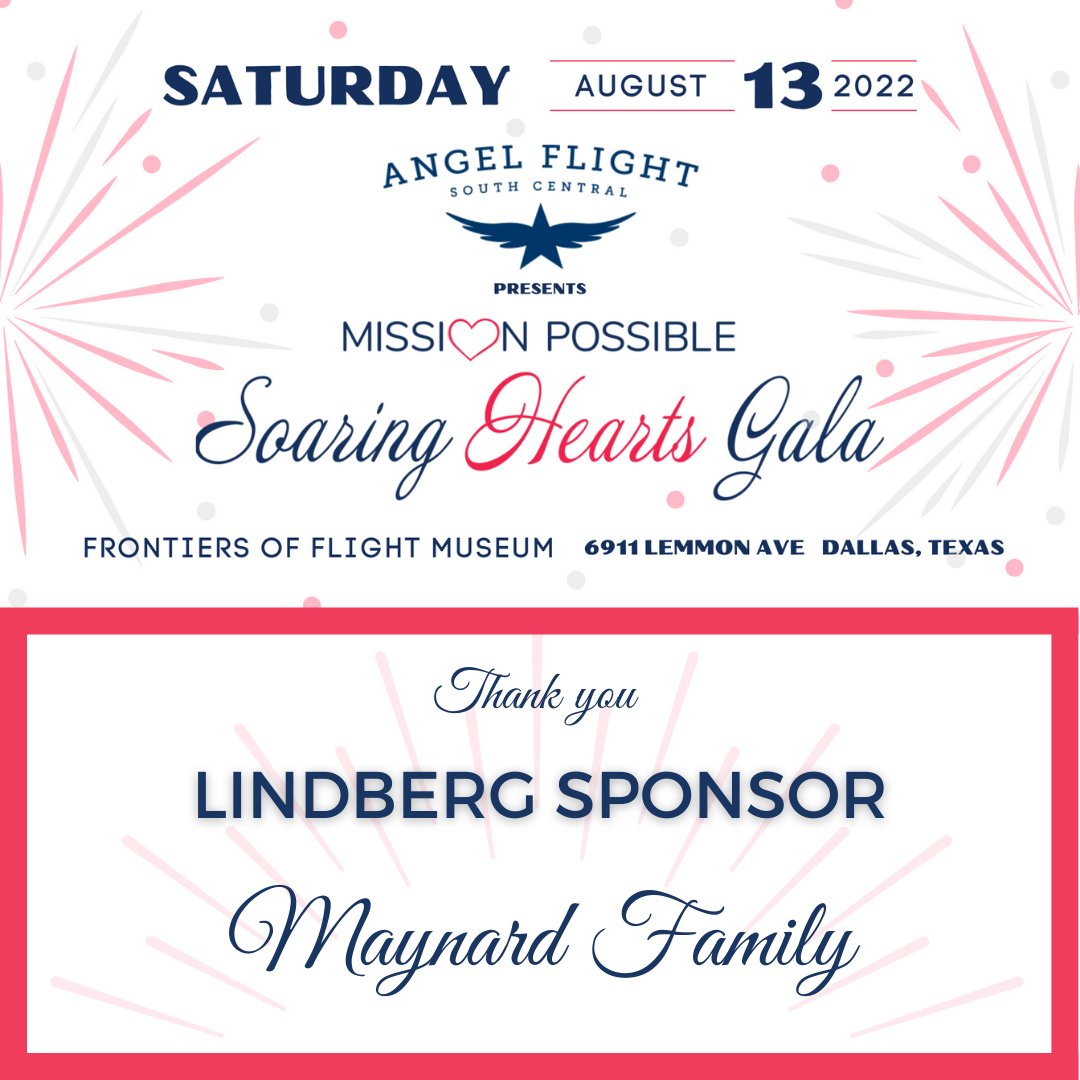 AngelFlightSC's tweet image. Thank you to Maynard Family for being a Lindberg Sponsor at our Mission Possible: Soaring Hearts Gala 2022! Your support makes it possible for passengers to access life-saving treatment. Mission Possible Tickets Available Here: ow.ly/PYi150JZiVQ
