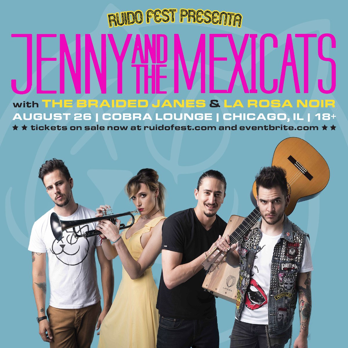 RuidoPresents's tweet photo. Locals @BraidedJanes &amp; La Rosa Noir  join @JennyandMexicat at @CobraLounge August 26! Tix going fast! 

🎟:https://t.co/wfTorYHCis https://t.co/ckztR3DvbI