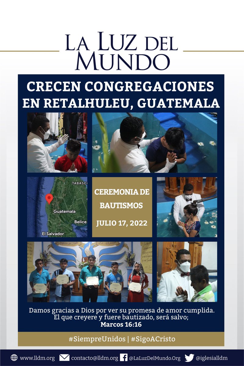 iglesialldm's tweet photo. Ceremonia de #Bautismos
En El Departamento de Retalhuleu, #Guatemala. 17 de Julio de 2022
Damos gracias a Dios en ver su promesa de amor cumplida con la humanidad. Cada día, más personas deciden seguir a Jesucristo. 
#LLDM |  #ElAmorNosUne | #SigoACristo | #SiempreUnidos https://t.co/Zp7vt8CgoT