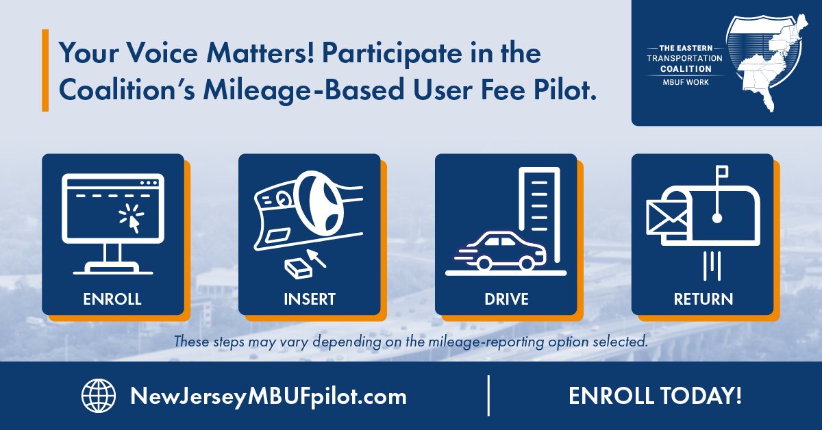 CCCTMA's tweet image. The Eastern Transportation Coalition is conducting a Mileage-Based User Fee Pilot Program in NJ and wants you to join! Enrollment is free and easy, and eligible individuals can receive $100 for participating. Visit NewJerseyMBUFpilot.com to learn more and enroll.