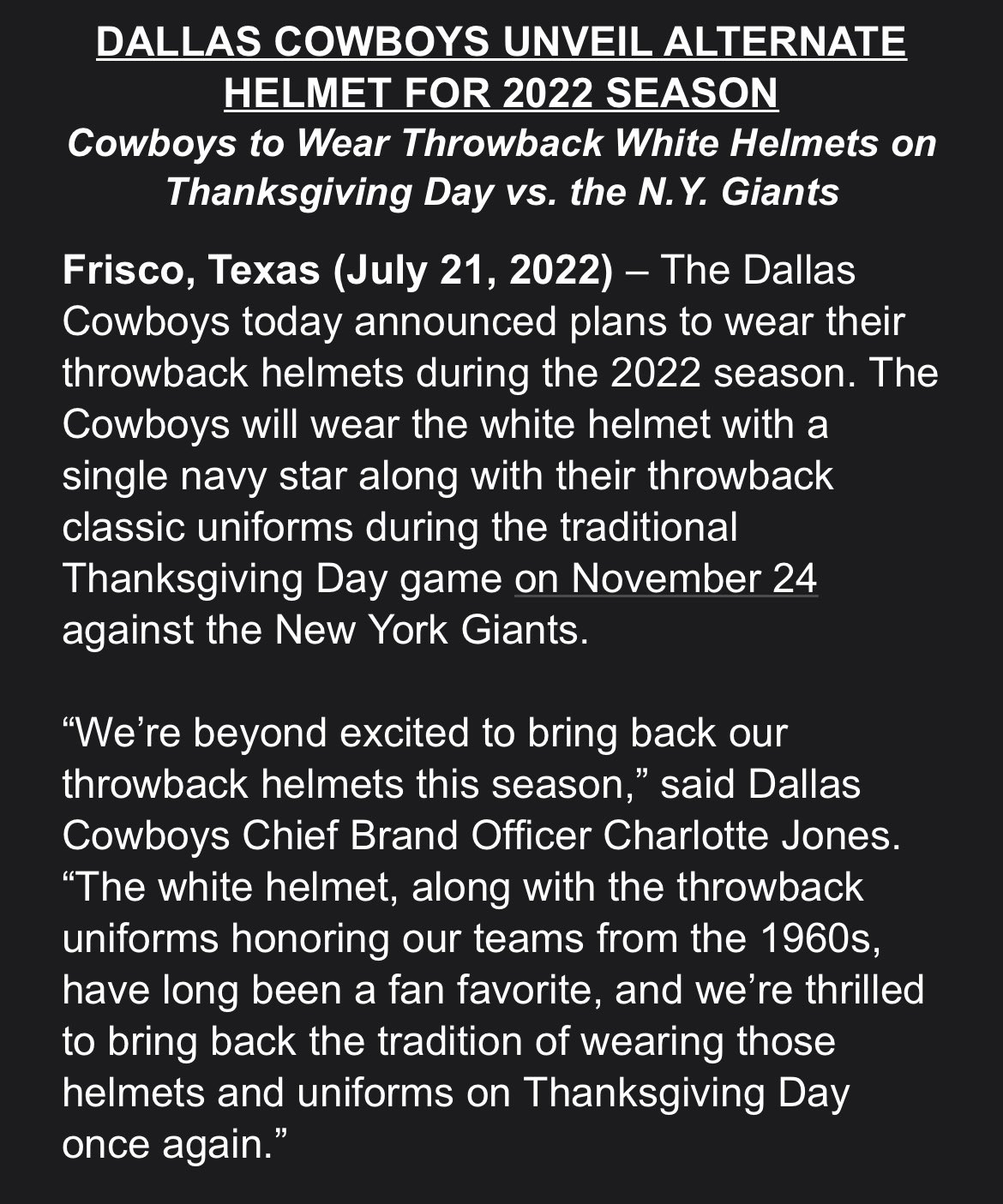 Dallas Cowboys to wear throwbacks on Thanksgiving Day