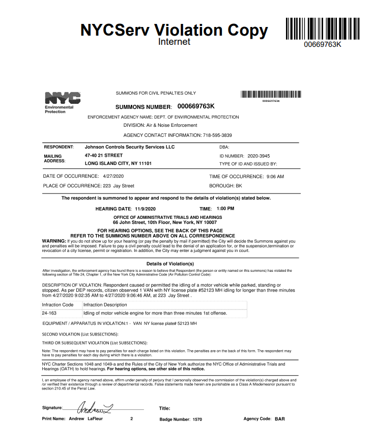 NycOath's tweet photo. @johnsoncontrols A truck owned Johnson Controls Security Services LLC was cited for idling in NYC, Summons # 000669763K issued by the DEP, currently in default and past due. 
To view details, remit payment, or reschedule hearing, please visit:
https://t.co/lBPeidKafq https://t.co/BsfzZ6TzPS