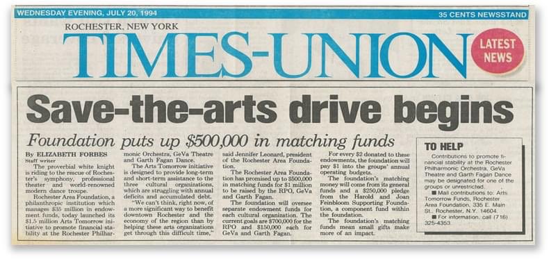 In 1994 our orchestra, professional theater & dance company were on the brink of failing. My wife @ms501c3, new in her @RACF500 job, came up with a rescue plan. It worked. Today @ROCPhils, @gevatheatre & @GarthFaganDance are thriving. #Communityfoundationsmatter