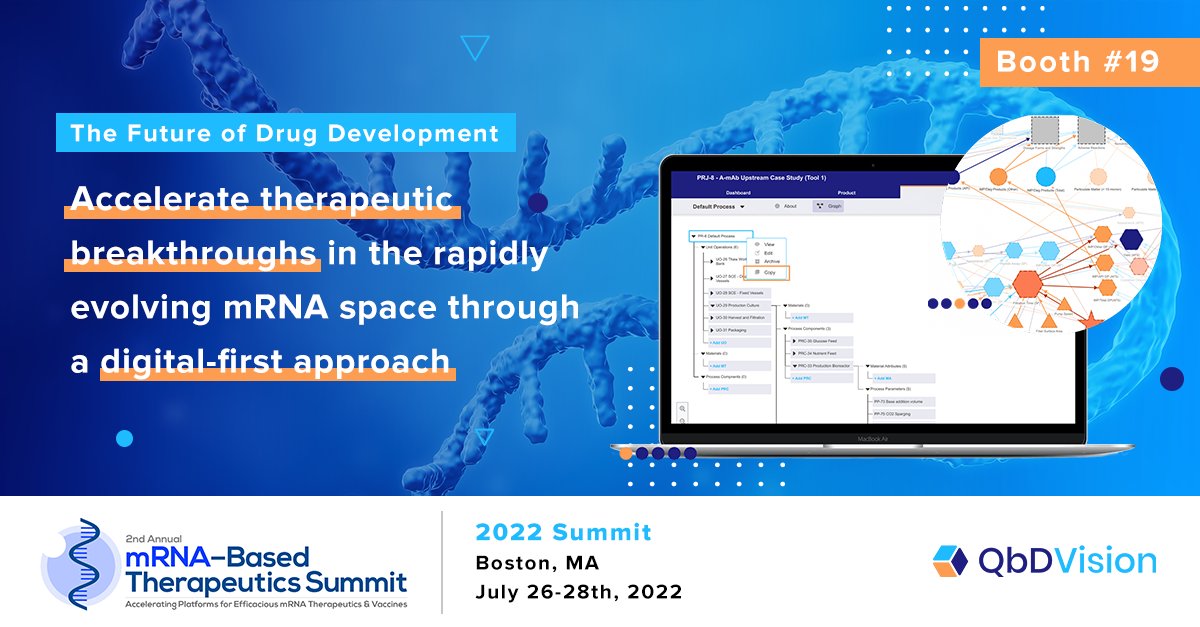 We’re thrilled to be partners at the upcoming 2nd Annual mRNA-Based Therapeutics Summit. Come see us at Booth 19 to hear how QbDVision helps accelerate therapeutic breakthroughs in the mRNA space through a digital-first approach.

#mRNATherapeuticsSummit #mRNA #QbD #digitalCMC