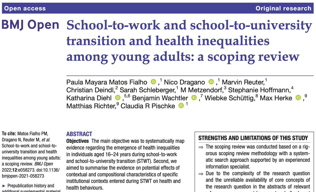 📰The own socio-economic position increasingly impacts #health in the transition from adolescence to adulthood
 
The evidence is summarised in our newest scoping review, published now <a href="/BMJ_Open/">BMJ_Open</a>: bmjopen.bmj.com/content/12/7/e…. Congratulations to all involved!

#for2723 #healthinequality