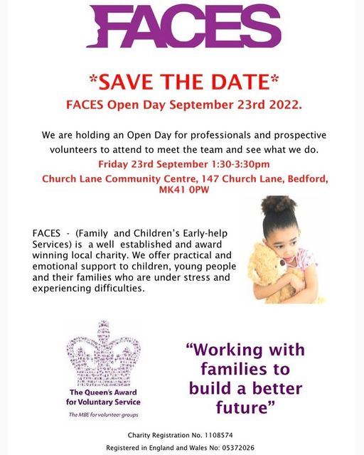 SAVE THE DATE 

<a href="/FacesBedford/">FACES</a>  are holding an open day on 23rd September for anyone interested in volunteering, they do great work with local families.

Family Support - bit.ly/3ROpI9P
Home Visiting Service - bit.ly/CVSVol360