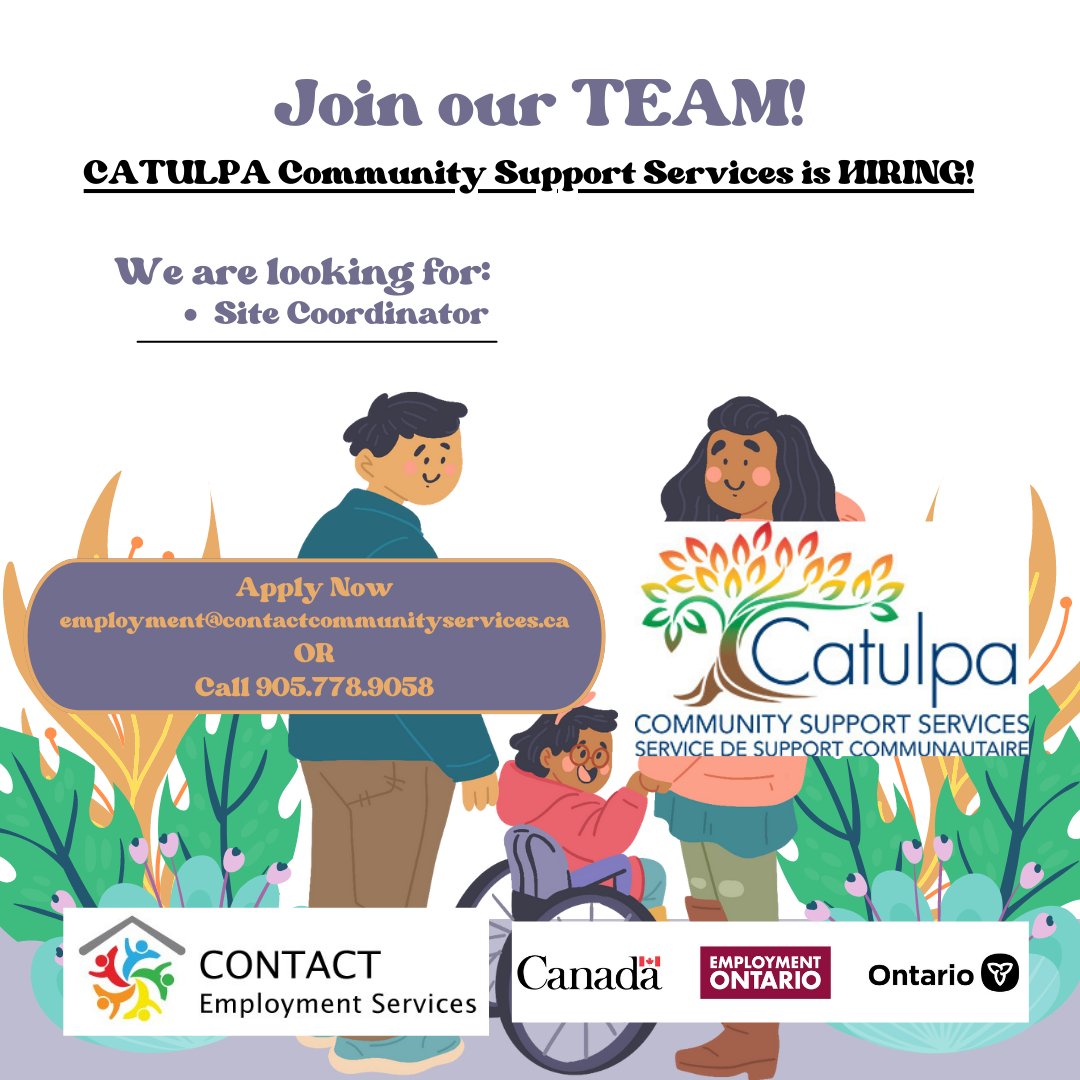 EmployContact's tweet photo. NOW HIRING! CATULPA COMMUNITY SUPPORT SERVICES is hiring: SITE COORDINATOR -
https://t.co/SRYQFcQPkS

To apply, email: employment@contactcommunityservices.ca
or call 905-778-9058.

For more information, visit our website:
https://t.co/m5uDBfInhV https://t.co/y0fXlfHEWF