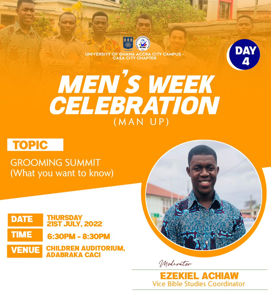 casacitychapter's tweet photo. On today's #MenWeekCelebration22 program is a #GroomingSummit! See you TONIGHT! ππͺβ€βπ₯
#ManUp22 #ManUp #MenWeekCelebration
#ObservingServantLeadership #MakingDisciplesForTakeover
#casacitychapter #casaglobal
#casamove #casatakeover
#WithAVision #ComeAndSee #WithAStrongVision https://t.co/aTFjNXucKi