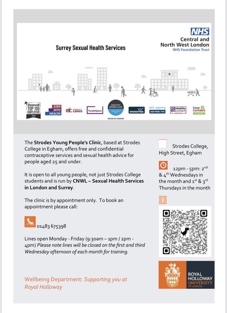 Royal Holloway Wellbeing (@rh_wellbeing) on Twitter photo New sexual health clinics run by <a href="/CNWLNHS/">CNWL NHS FT</a> are being held in Egham each month <a href="/StrodesCollege/">Strode's College</a>.
These are by appointment only but available to all young people under the age of 25.
Find out more at sexualhealth.cnwl.nhs.uk/clinic/strodes… New sexual health clinics run by <a href="/CNWLNHS/">CNWL NHS FT</a> are being held in Egham each month <a href="/StrodesCollege/">Strode's College</a>.
These are by appointment only but available to all young people under the age of 25.
Find out more at sexualhealth.cnwl.nhs.uk/clinic/strodes…