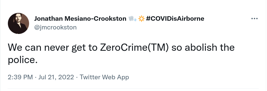 jo_kuehn's tweet photo. "Wir können niemals Null-Verbrechen(TM) erreichen, also schaffen wir die Polizei ab."
#ZeroCovid #Elimination #HumanRightToHealth
#civilisation https://t.co/WHrEh4CNx8