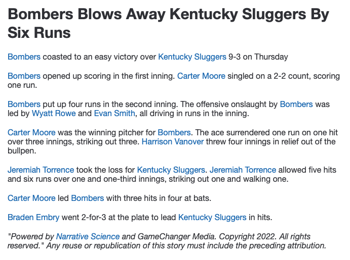 PrimetimeKYHQ's tweet photo. #14uBluegrassBattle Bomers 9 KY Sluggers 3.  Bomber's Carter Moore 3-4 2RS 3B 2RBI / 3IP 1H 1ER 3K 3BB, Wyatt Rowe 104 RS 3B 3RBI and Evan Smith 1-4 2RS 2B 2RBI.  Sluggers' Braden Embry 2-3 2B and Colton Carver 1-3 RS 2B RBI the their team offensively. https://t.co/lE1WwtoTDo