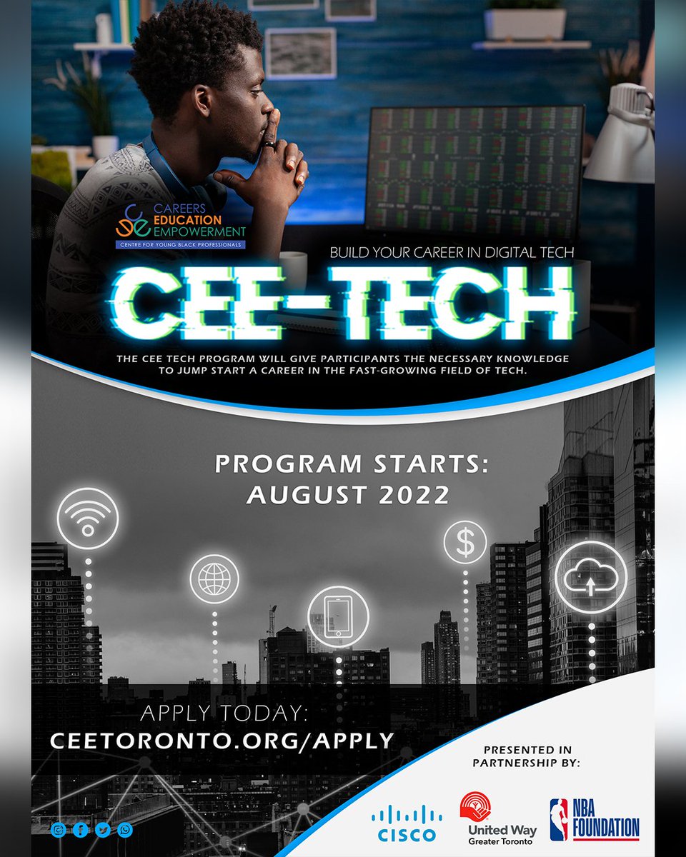 cee_toronto's tweet photo. CEE TECH is designed to give you the skills needed to step into the tech sector.
•
Apply Today link below 👇

https://t.co/qKLewxErZ4

@Cisco  @UWGreaterTO  @NBAFoundation  
#blackintech #ceetech #designthinking  #Illustrator #Photoshop #WebDesign #Coding
#SocialMediaManagement https://t.co/WIVSZdJikP
