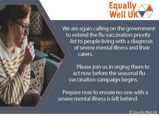 EquallyWellUK's tweet photo. We have written to @SteveBarclay, urging the government to prioritise people with severe mental illness &amp; their carers for #flu #vaccination

Our friends in New Zealand @EquallyW have already achieved this important step.

Will the UK government do the same?

#EquallyWell
#SMI https://t.co/h8pzcna2Vj
