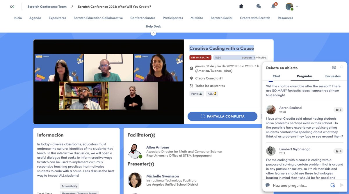 Creative Coding with a Cause "Es codificar con el propósito de resolver un determinado problema que existe en una sociedad en particular. Los niños deberían usar estas tecnologías sabiendo que pueden generar cambios en la sociedad. #ScratchConference <a href="/scratch/">Scratch Team</a>