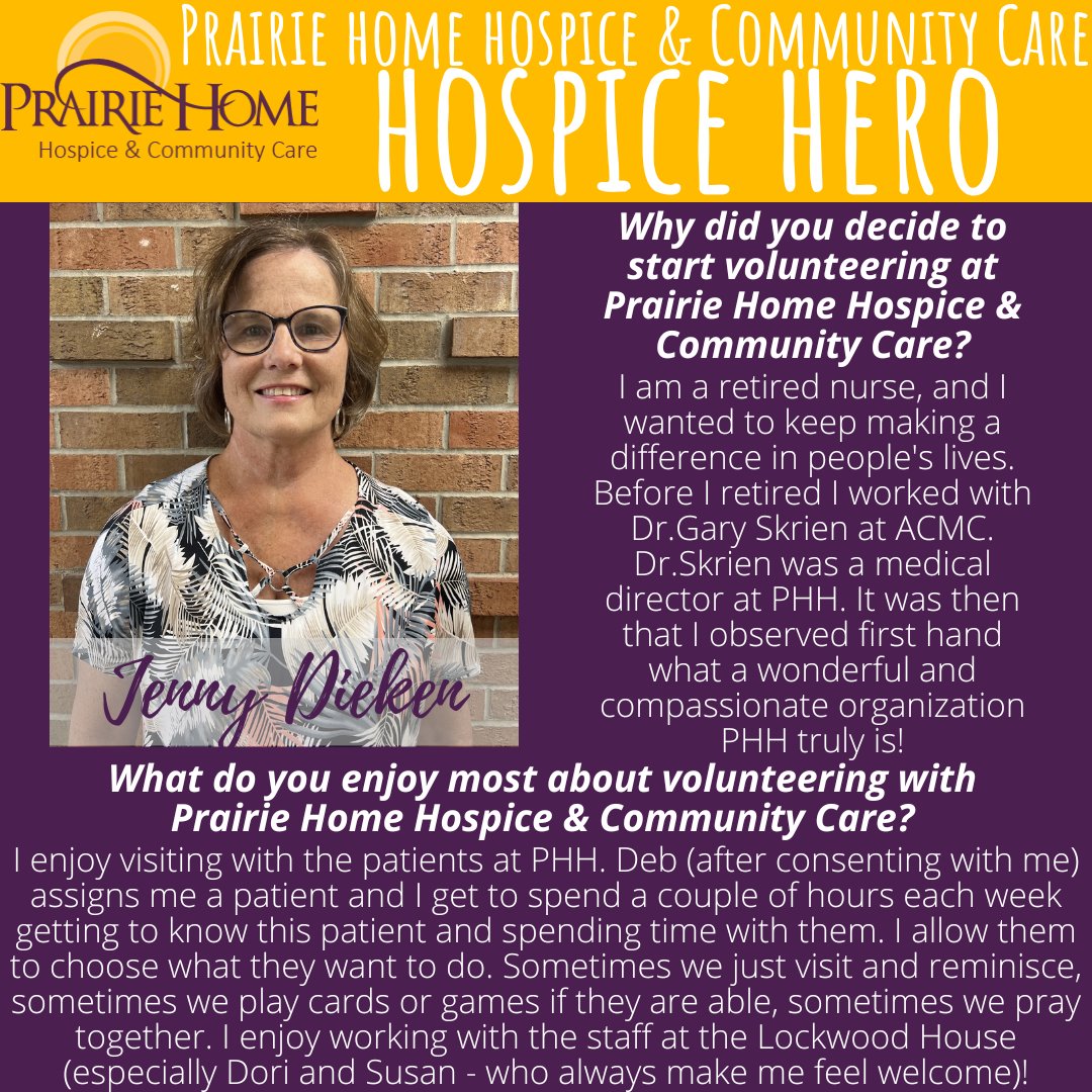 PrairieHomeHosp's tweet photo. Meet our Hospice Hero for the month of July, Jenny Dieken!
Thank You for all that you do for our clients, Jenny!! https://t.co/9ImW1jycyS