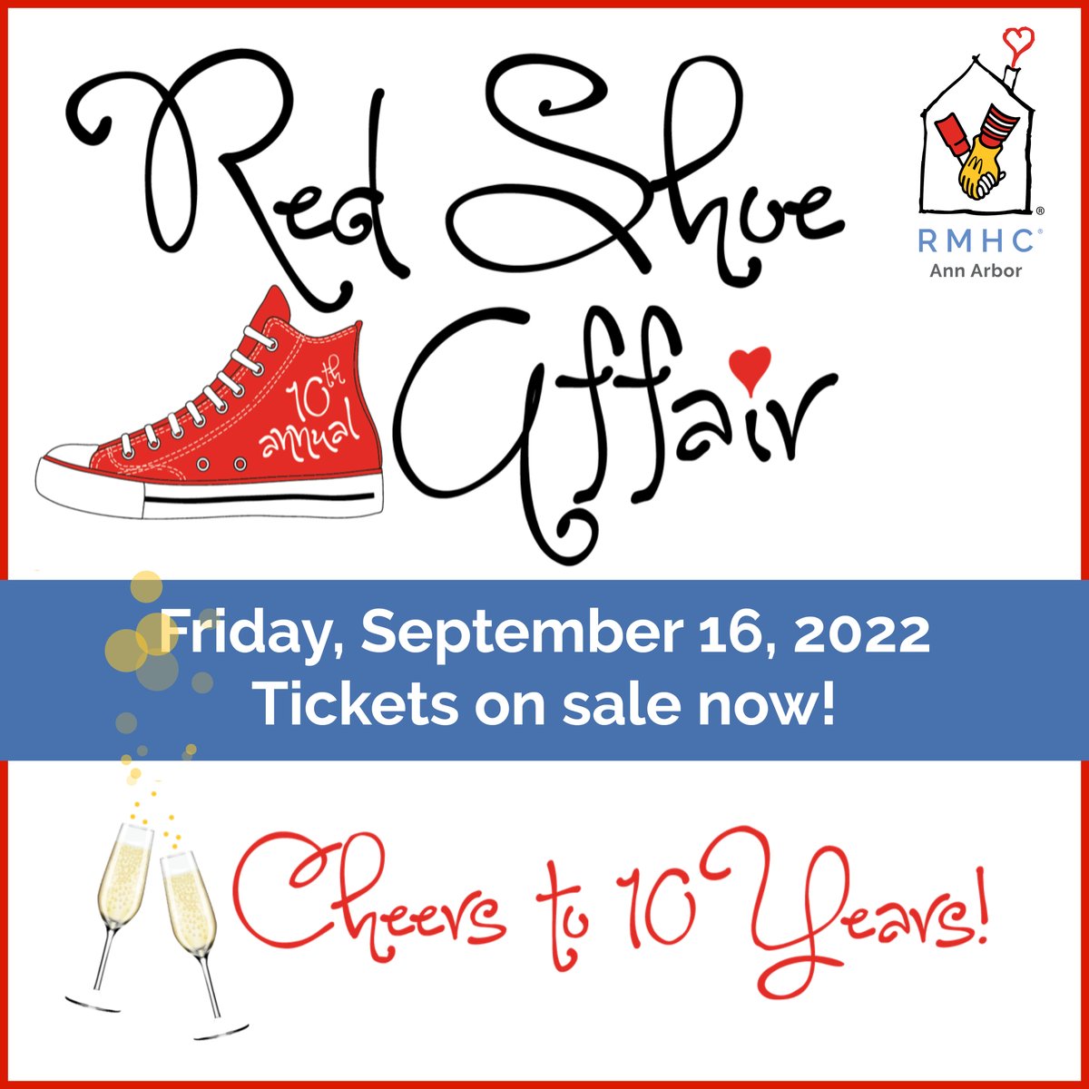 Come celebrate with us at the 10th annual Red Shoe Affair on 9.16.22 at Barton Hills Country Club.  Enjoy a great time and help support the families served by RMHCAA. Tickets are limited so get yours now!  BUY YOUR TICKETS HERE: bit.ly/BuyRSATickets22  #KeepingFamiliesClose