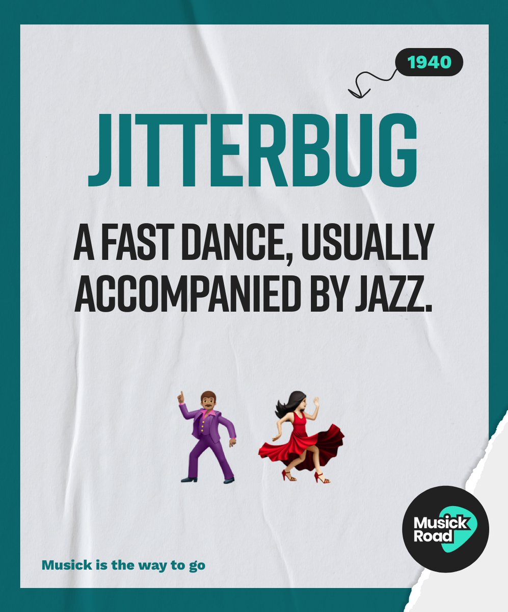 MusickRoad's tweet photo. Jitterbug: A fast dance, usually accompanied by jazz. Famously heard on the intro of @Wham's "Wake me up before you go".
#MusickRoad #musickglossary #musicians #1940s #slang #phrases #vocabulary #glossary #jitterbug #phraseoftheday #jazzdance #jazzmusic https://t.co/sc1I6fAYsM