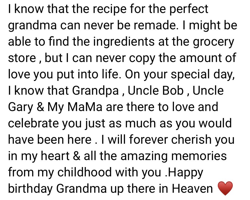 Chevy_mama's tweet photo. Happy Birthday Message I posted to my Facebook for my Grandmas Birthday today . I know she’s in Heaven having a beautiful day with my mom & my dad & my uncles my moms 2 brothers 🥰 #MissYou #OhanaMeansFamily #FamilyMeans #NobodyGetsLeftBehind #OrForgotten #Kind #Caring #Loving ♥️ https://t.co/ni8DJ643IU