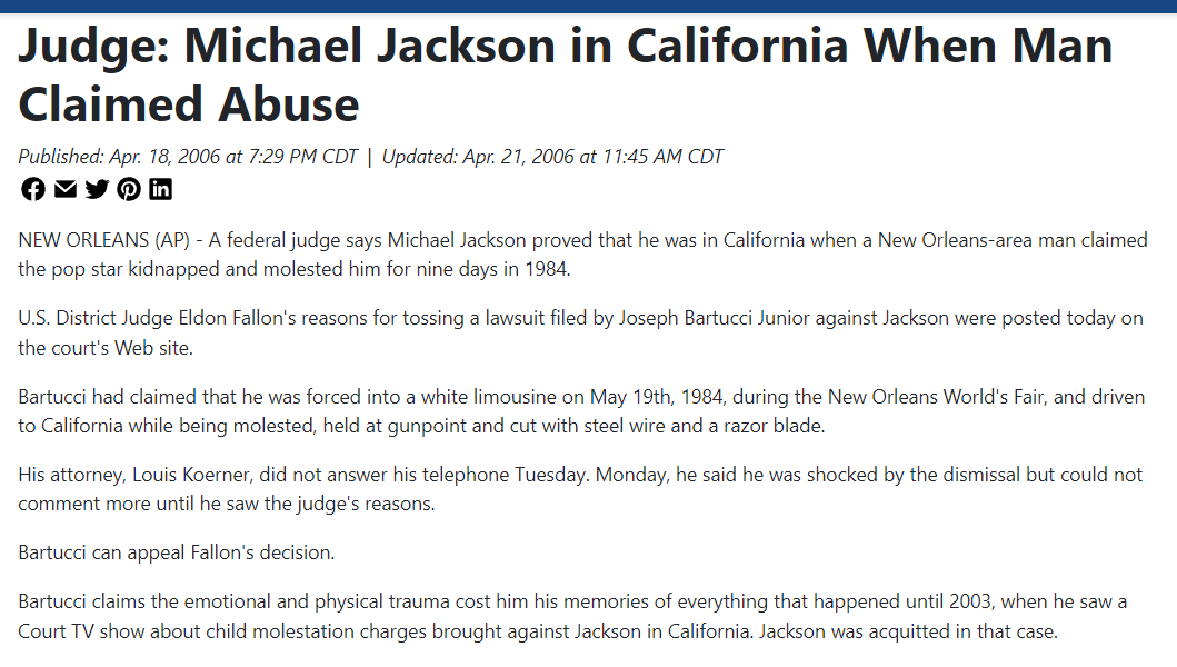 MJJRepository's tweet photo. On this day in 2005, MJ was admonished for ignoring Joseph Bartucci's case.

A tale of a limo kidnapping &amp; abuse—he'd never met MJ and was in different state during timeline.

MJ still suffered $10k fine &amp; $50k+ in lawyer fees.

False accusers deserve more serious repercussions. https://t.co/NF1OYSBwBI
