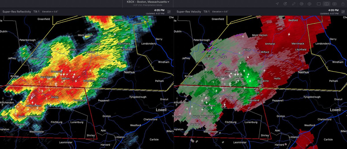 UMLWeatherCTR's tweet photo. [4:05 PM - 7/21/22]
Definitely quite a bit of weakening with this cell over the last little bit. Still definitely rotating though and need to monitor closely. Tornado warning, as of now, expires at 4:15. https://t.co/gRLZyR2mCe