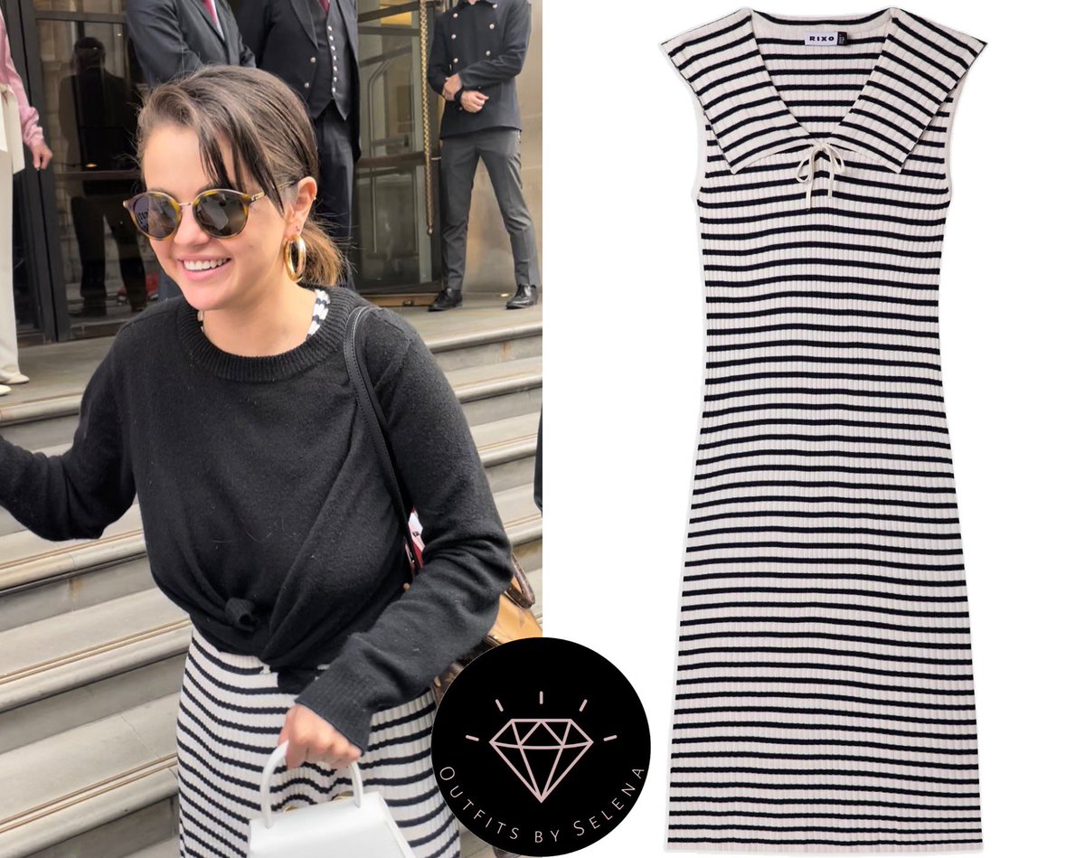 outfitsbyselena's tweet image. July 13, 2022 - .@SelenaGomez was spotted leaving Corinthia Hotel in London, UK

#SelenaGomez wearing a #Rixo Antibes Mono Stripe Jersey Midi Dress With Tie (£238), #JenniferFisher Baby Kevin Hoops ($450), @YSL SL57 003 Tortoiseshell Sunglasses (Sold out).
