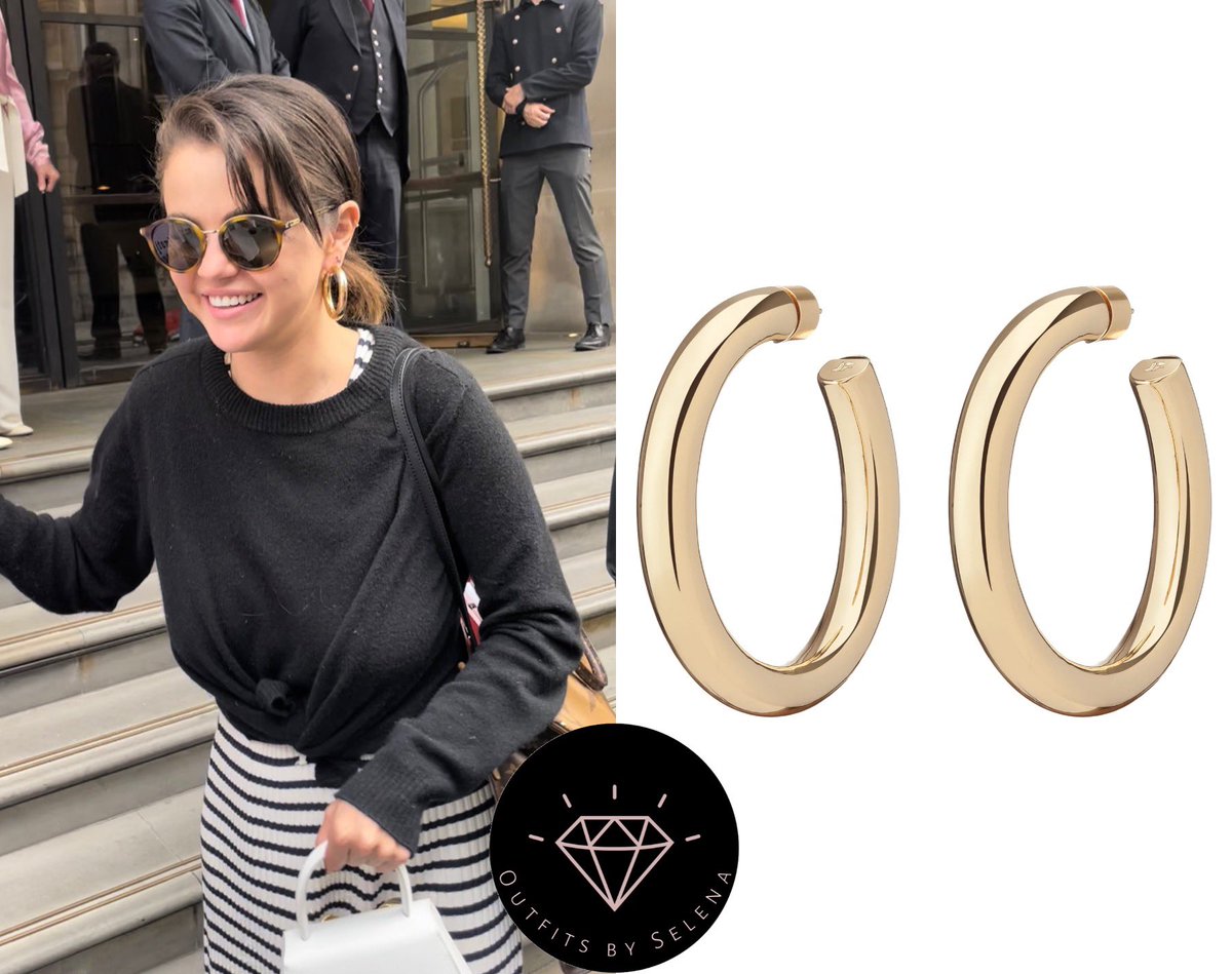 outfitsbyselena's tweet image. July 13, 2022 - .@SelenaGomez was spotted leaving Corinthia Hotel in London, UK

#SelenaGomez wearing a #Rixo Antibes Mono Stripe Jersey Midi Dress With Tie (£238), #JenniferFisher Baby Kevin Hoops ($450), @YSL SL57 003 Tortoiseshell Sunglasses (Sold out).