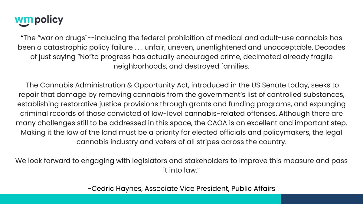 weedmapspolicy's tweet photo. Today @SenSchumer, @SenBooker &amp; @RonWyden introduced the Cannabis Administration &amp; Opportunity Act. If enacted, it would end the federal prohibition of cannabis. 👏🇺🇸

See our official statement below: https://t.co/D0wK8TYsDz