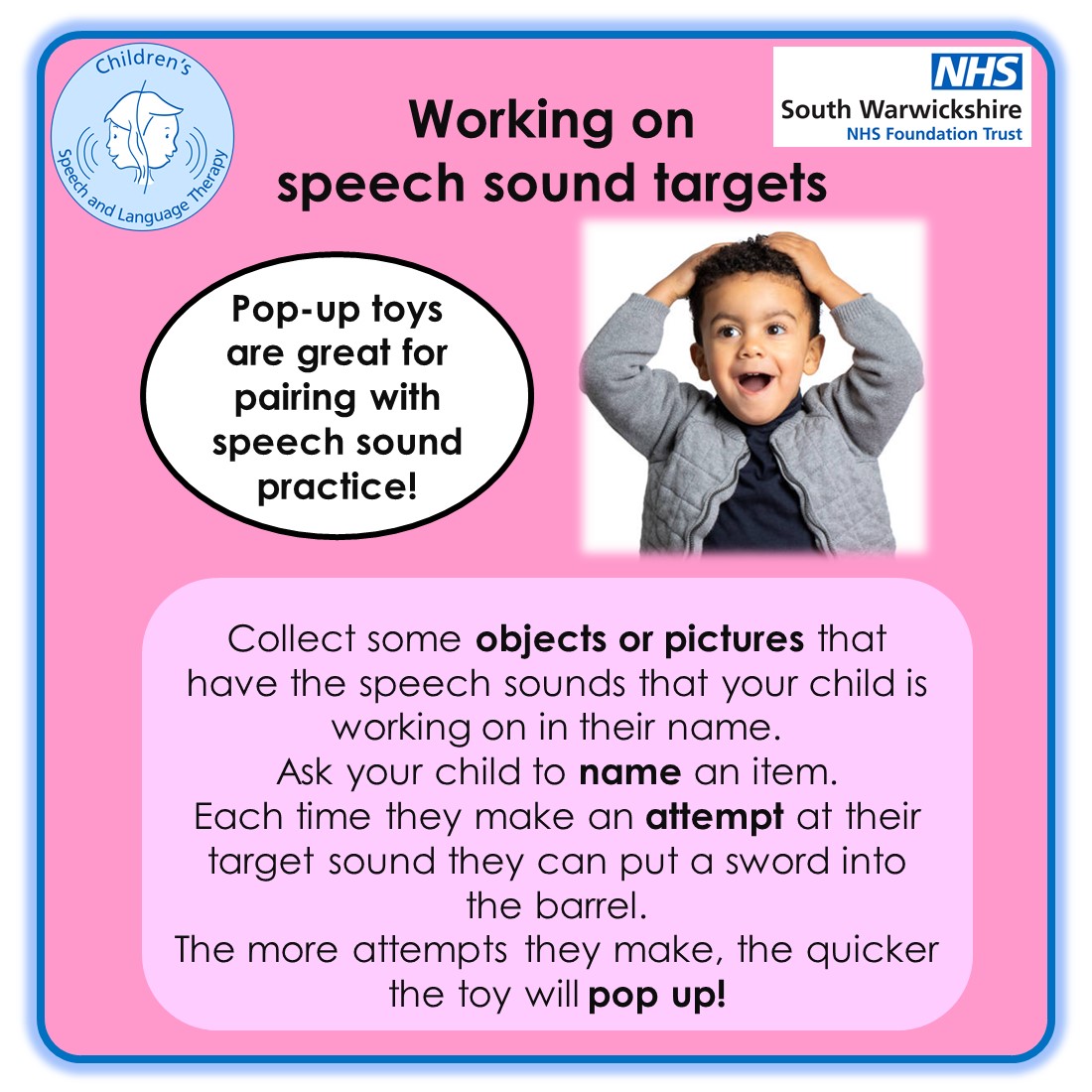 WarwickshireSLT's tweet photo. It's week one of this years Summer Student Take-Over - this weeks Toys for Talking is: Pop up Toys.
@nhsswft @timetotalkwarks @RCSLT @SLTatBCU https://t.co/Z45NxHKtIh