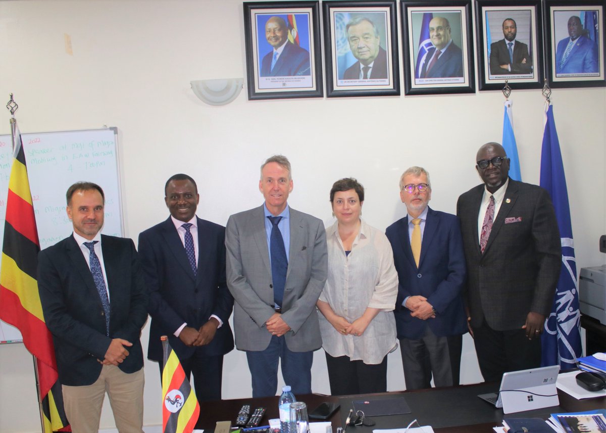 IOM_Uganda's tweet photo. IOM Uganda Chief of Mission @SanusiTejan this evening received a courtesy visit from  officials of @EUI_EU , led by President Renaud Dehousse and @MPC_EUI  director @AndrewPGeddes. They explored avenues of possible collaboration between @IOM_Uganda and @EUI_EU.
@IOMRONairobi https://t.co/RvX8RY0MOk
