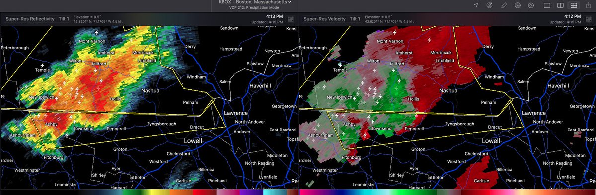 UMLWeatherCTR's tweet photo. [4:15 PM 7/21/22]
Tornado warning has been allowed to expire. Severe Thunderstorm Warning until 4:45 pm for towns north of Lowell including Dracut and Tyngsboro. https://t.co/5UkcF2F26c