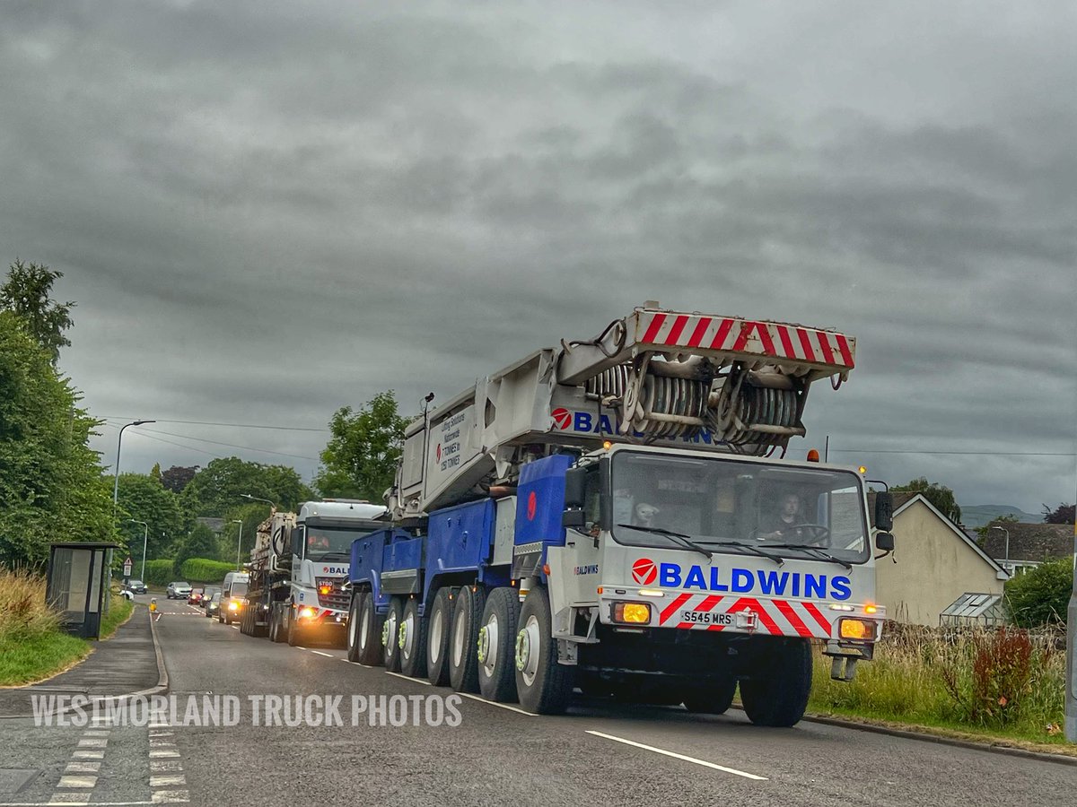 Westtruckphotos's tweet photo. Baldwins Crane hire leaving Kendal tonight with plenty of support from Cumbria roads police. #heavyhaulage #cranes #wideload #longload @CumbriaRoadsPol https://t.co/kdcsSoCbqn