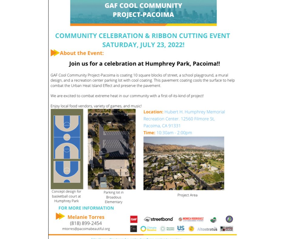 Celebrate the GAF Cool Community Project, a first-of-its-kind project in Pacoima! This Saturday, join us for a Ribbon Cutting Event &amp; community celebration at Humphrey Park.

July 23, 2022 from 10:30am to 2:00pm

#extremeheat #keeppacoimacool #coolstreets
