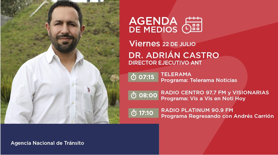 HOY | Director ejecutivo <a href="/acastropiedra/">Adrian Castro (El ShunGo)</a> cumplirá agenda de medios para informar sobre el nuevo formato de las licencias de conducir.
07H15 - 📺 @teleramaec  
08H00 - 📻 <a href="/CentroEcuador/">CentroEcuador</a> 
17H10 - 📻 <a href="/radioplatinumec/">Radio Platinum</a>