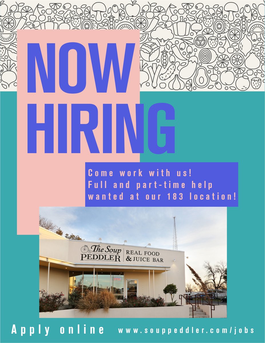 Come work for our friendly, locally owned team! We're currently looking for full and part-timers for our location in North Austin. Apply online at souppeddler.com/jobs
