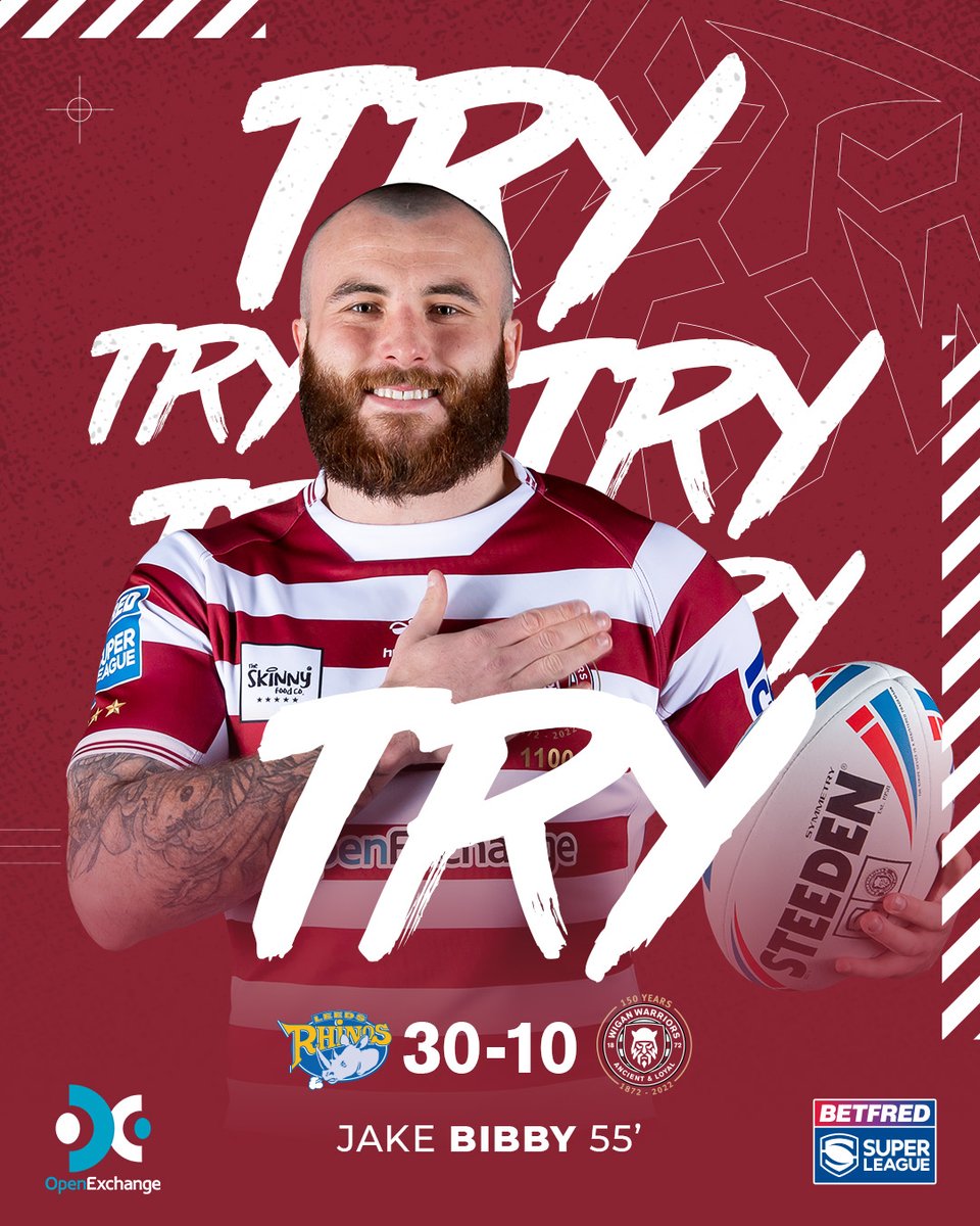 WiganWarriorsRL's tweet photo. 55' JAKE BIBBY!! COME ON! 

French stabs a kick through into the in-goal and it causes all sorts of trouble for the Leeds defence. @JakeBibby gets there first and touches down!

🔵🦏 30-10 🍒⚪️ 

#WWRL #SLLEEWIG https://t.co/eMgdySjbxz
