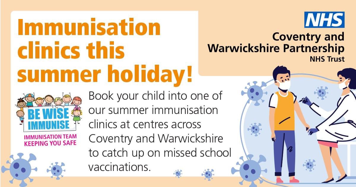 CWPT_IMMS's tweet photo. Are you child’s vaccinations up to date? If your child is school years 8, 9, 10 or 11, you can get them protected at one of our summer immunisation clinics! 

To book an appointment, go to: https://t.co/nLgvDM9zGq https://t.co/o42S4BdZcO