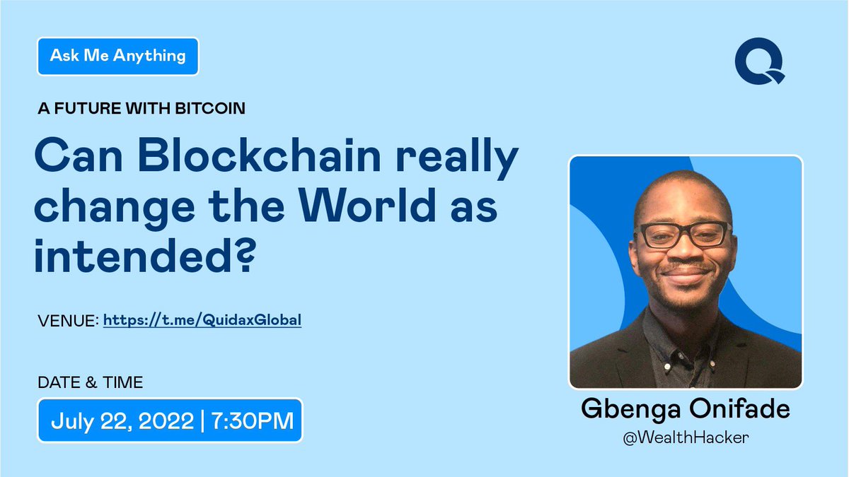 Something is coming big tomorrow 🎉

We'll be having an AMA session with Gbenga Onifade <a href="/wealthacker/">BK - The Wealth Hackers Investing Community</a>, where
we'll talk about #Bitcoin and #blockchain's future and how you can
prepare for it 😎

🗓 Friday 22nd, July 2022
⏰ 7.30 PM
📍 t.me/QuidaxGlobal