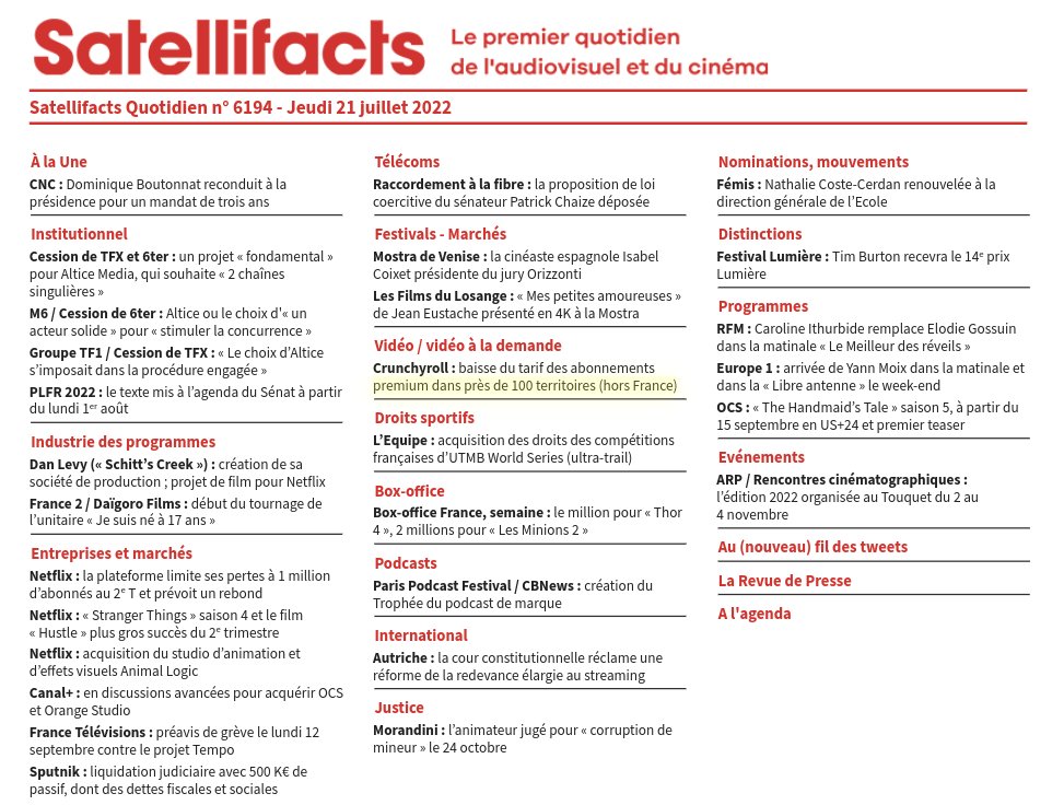 Satellifacts (@Satellifax), premier quotidien de l'audiovisuel et du cinéma, recherche pour la rentrée un(e) journaliste confirmé(e). Expérience de l'économie de l'audiovisuel appréciée. Envoyer CV et prétentions à annonces@satellifacts.com