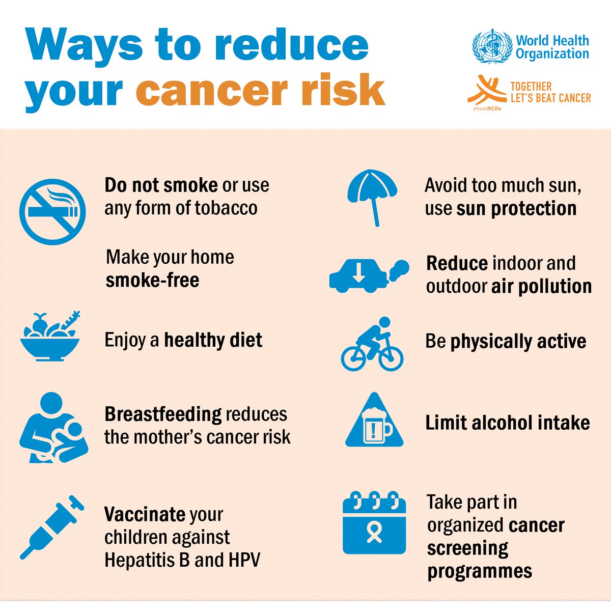 UN's tweet photo. Cancer is preventable &amp; treatable. 

🚭don't smoke
🍺limit alcohol intake
🍎maintain a healthy diet
☀️avoid sun exposure
🏃exercise

@WHO has more suggestions on how to reduce your cancer risk. https://t.co/ItHWcgZ832 https://t.co/q2Ab9JYwHX