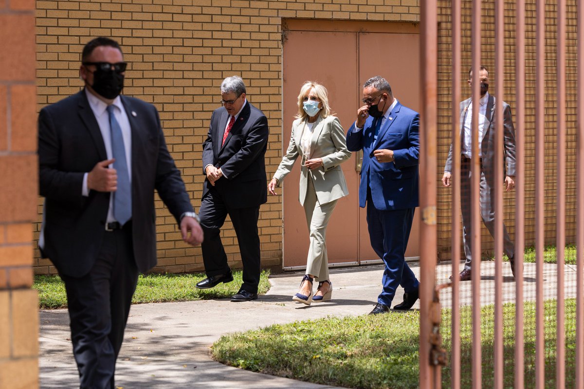 universityofga's tweet photo. .@FLOTUS Jill Biden visited UGA to learn more about a summer enrichment program hosted at the Ramsey Student Center. Dr. Biden and @SecCardona met with students and parents involved in the Horizons Atlanta program, which is offered to Athens schoolchildren through @ugamfecoe. https://t.co/85pNEMGFD0