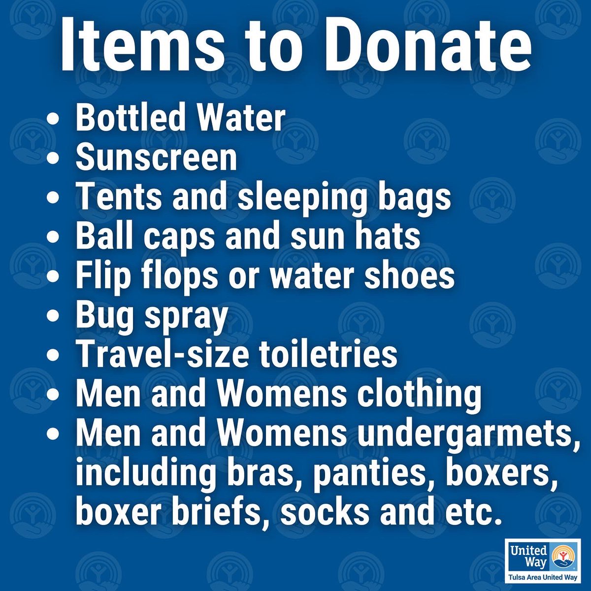 tulsaunitedway's tweet photo. With temperatures in the 100’s this week, the extra heat is hard on our neighbors experiencing homelessness. 

Check out this list of items to donate and connect with one of our partners to help them get the resources they need to assist unsheltered individuals in our community. https://t.co/T44eD71D8n