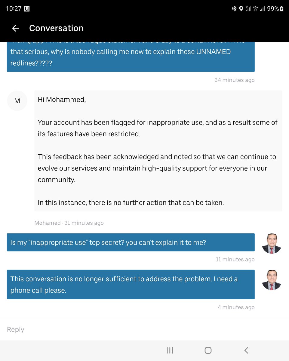 mabdelalim's tweet photo. @Uber_Support I had a too-long conversation with your support team where they claimed that I conducted an "inappropriate use." in the app, and they refrained from explaining it to me. They instead decided to restrict my app features. I still don't understand the problem. https://t.co/cW6eQXO72Y