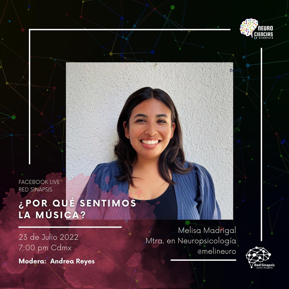 RedSinapsisCD's tweet photo. 💖 ¿Por qué sentimos la música? 💖
Sábado 23 de Julio a las 7:00 pm
.
Ponente: 🧠 Mtra. Melisa Madrigal 🧠
#HazSinapsis #Conectandoconlaciencia #redsinapsiscd https://t.co/j8o6ofZm1w