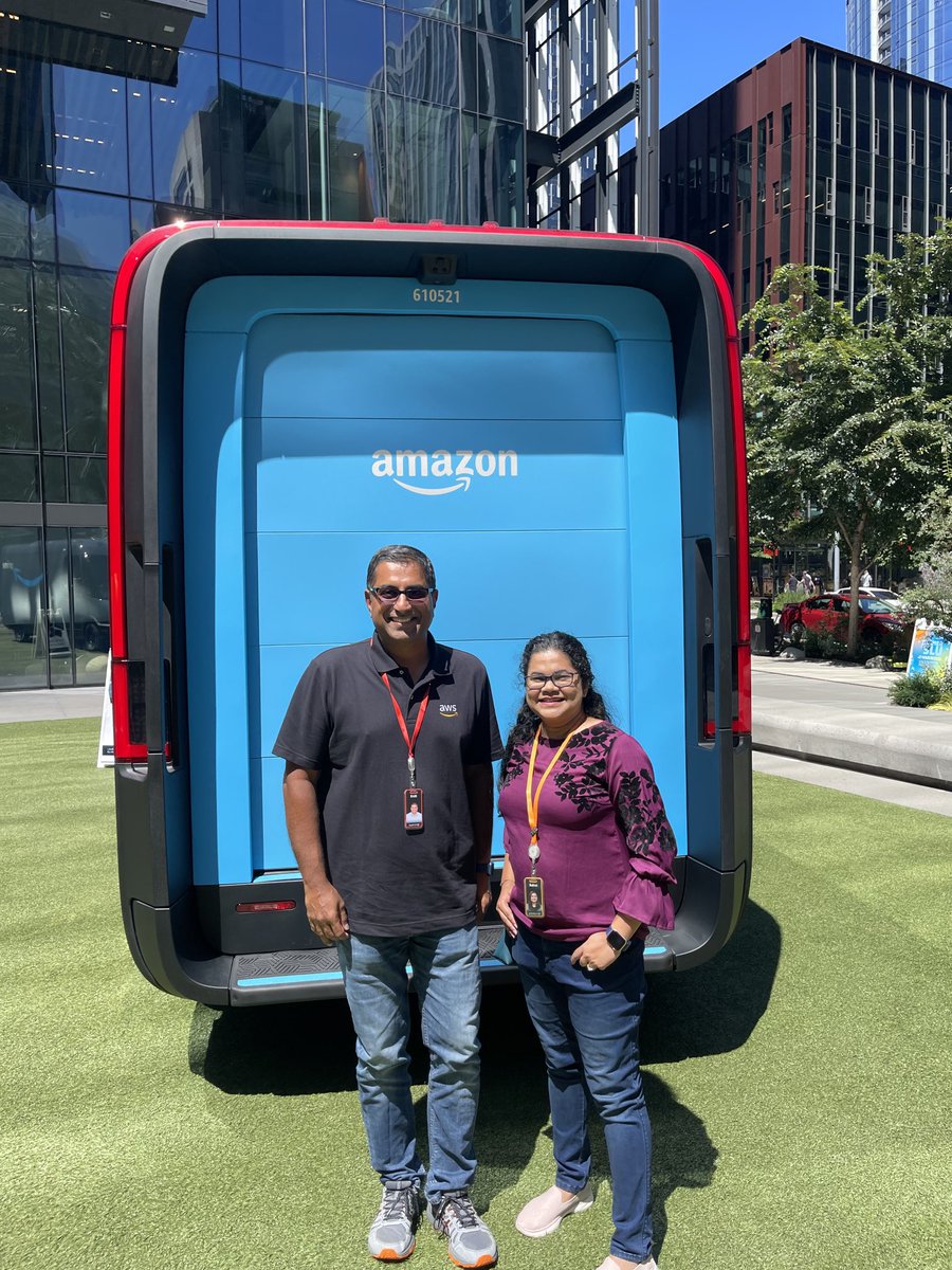 kaykrish's tweet photo. It was awesome to meet aws rockstars ⁦@RashmiNbr⁩ ⁦@rohini_gaonkar⁩ in Seattle. It was also great day for Amazon to start rolling out the first Rivian electric vans. https://t.co/Qtm3T9S2OI