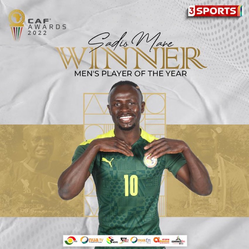 tv3_ghana's tweet photo. 🇸🇳 Sadio Mane wins the Player of the Year for the second time! Congratulations Mane 🎉

#3Sports https://t.co/f0visI5XQP