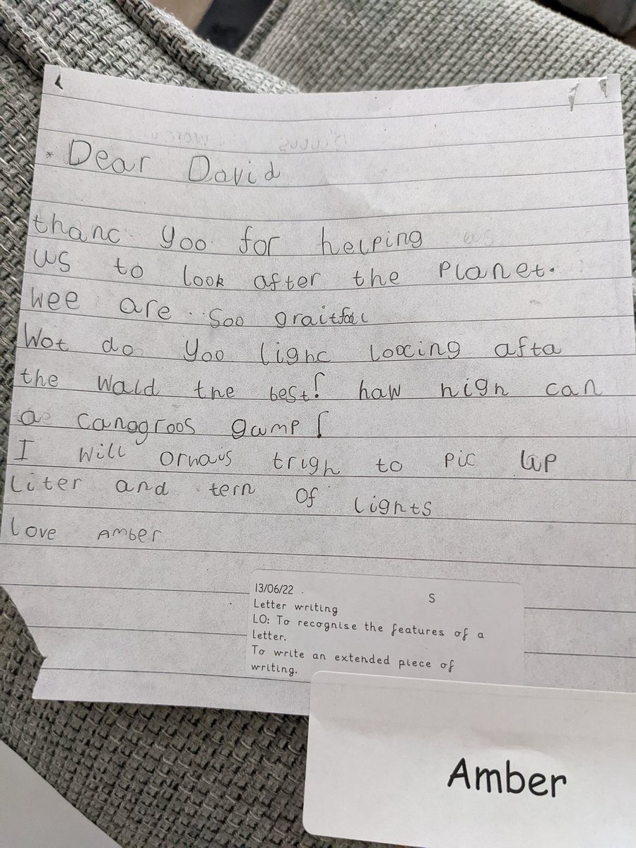 MSpicerBee's tweet photo. Kiddo came home with a folder of work from her first year of school, including a letter to Sir David Attenborough. She's 5. I. Can. Not. Deal 😭 https://t.co/lunULGfcwj