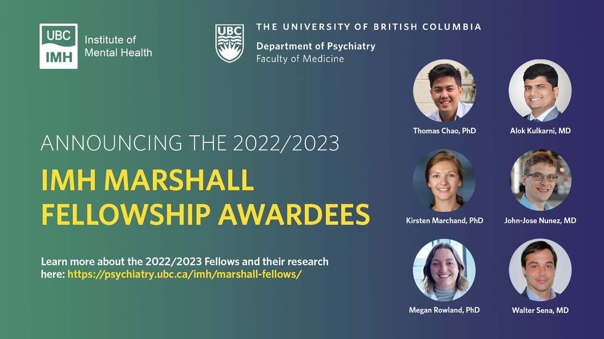 .<a href="/UBC_Psychiatry/">UBC Department of Psychiatry</a> &amp; the UBC IMH are delighted to announce the awardees of the 2022-23 IMH Marshall Fellows Program. 

Congratulations to Drs. Thomas Chao, Alok Kulkarni, Kirsten Marchand, John-Jose Nunez, Megan Rowland &amp; Walter Sena! 

About their projects: ow.ly/oqTC50K1Eb6