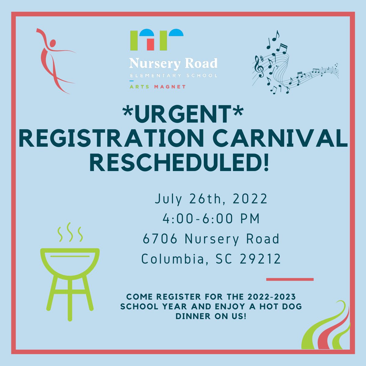 Our Registration Carnival scheduled for this afternoon has been postponed due to the weather!  Join us next TUESDAY, JULY 26th, 4:00-6:00! #nresartsmagnet
